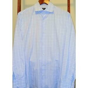 Hugo Boss Shirt Men's Size 16 32/33 Blue Check Sharp Fit Long Sleeve Button Up